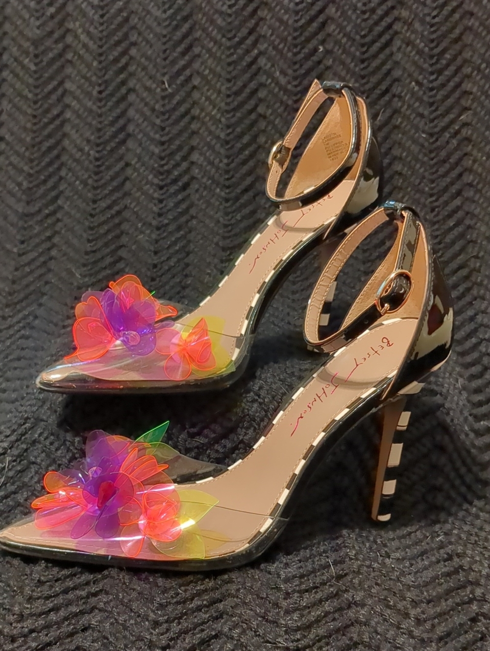 Betsey Johnson Black Patent Clear Floral Ankle-Strap Heels